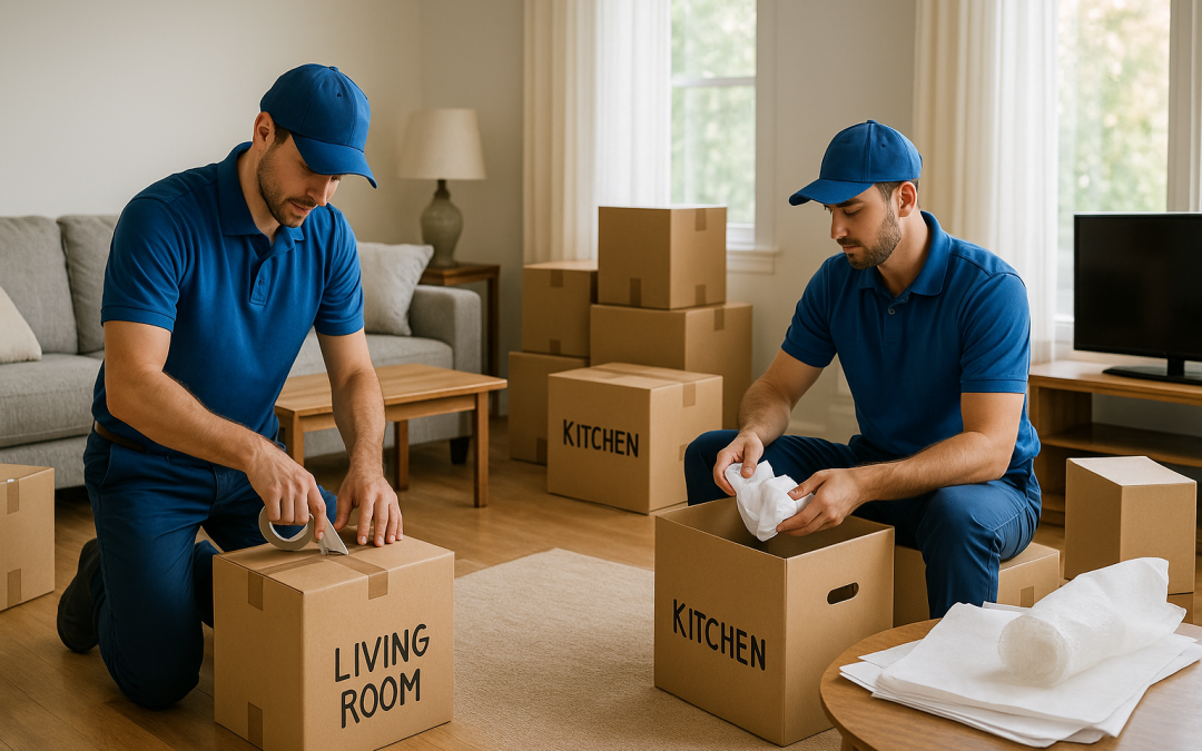 Professional movers packing and labeling boxes in a St Petersburg living room.