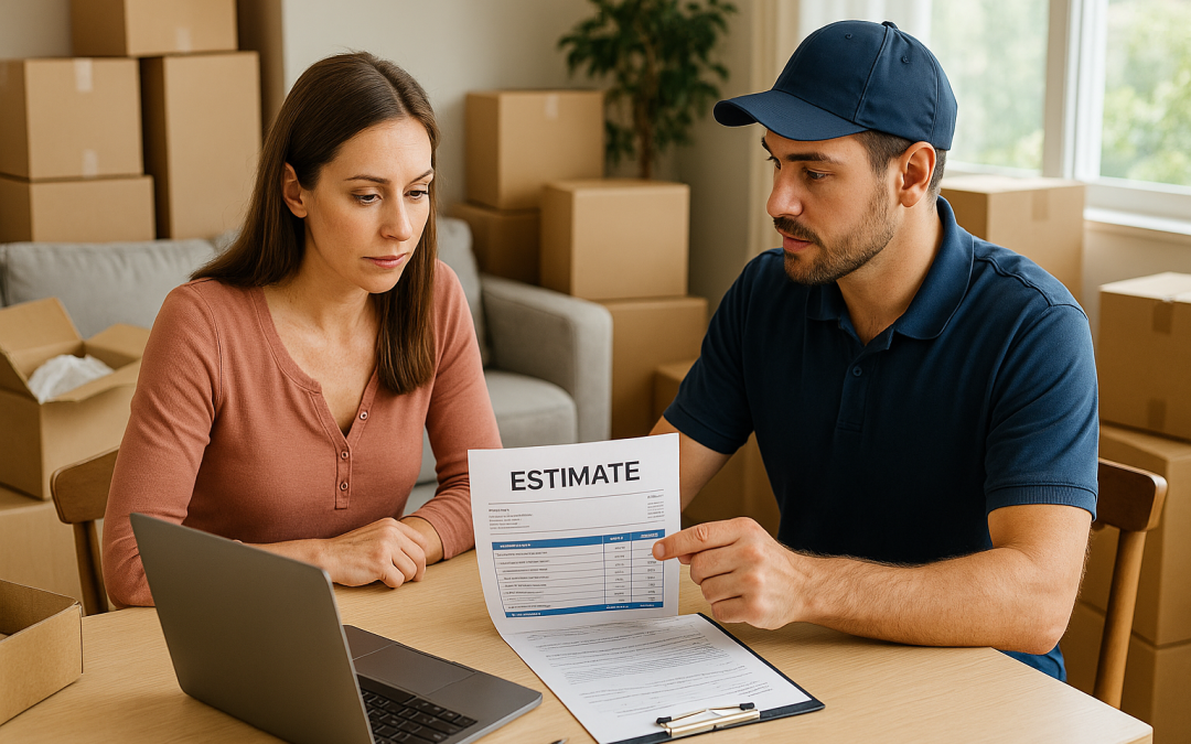 Homeowner reviewing a packing cost estimate with a mover at a table surrounded by moving boxes.