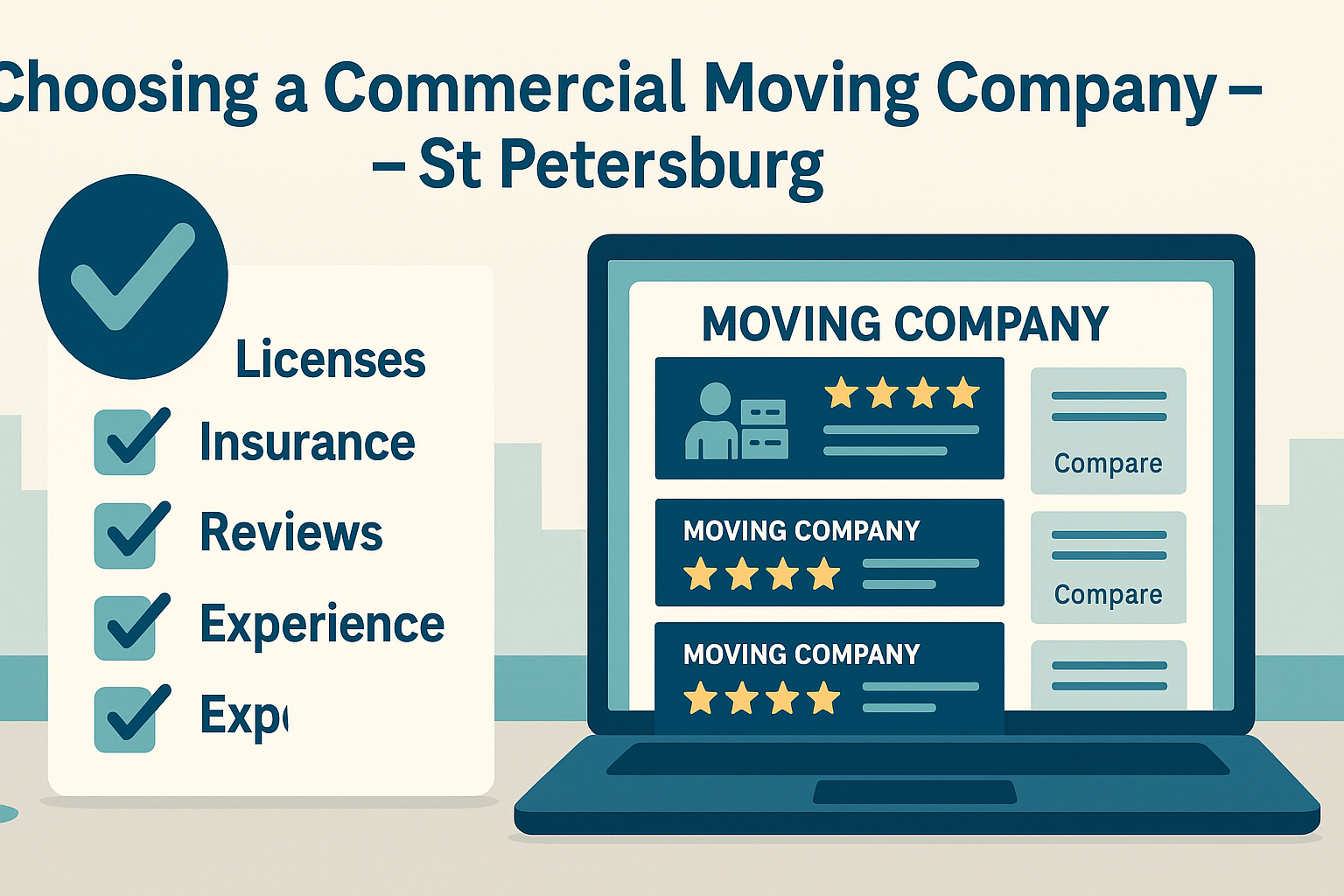 How Do I Choose A Commercial Moving Company? 1 Business owner comparing commercial moving companies on a laptop with printed quotes and checklists in a st petersburg office.