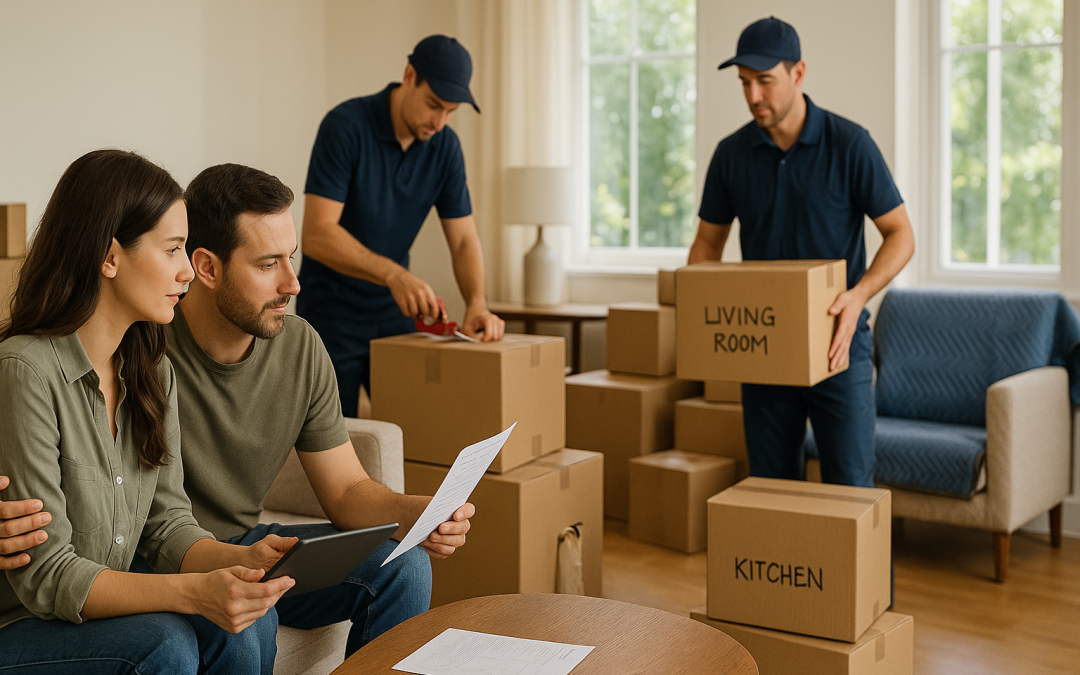 Family watching professional movers pack boxes in their living room while deciding if the service is worth the cost.