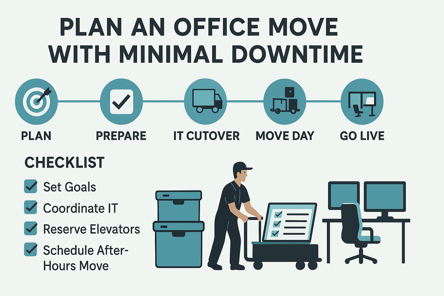 Infographic timeline and checklist showing how to plan an office move with minimal downtime.