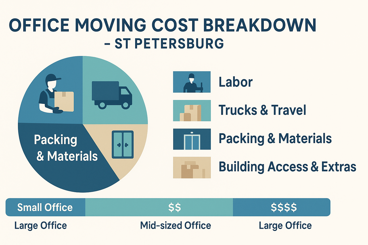 How Much Does An Office Move Cost In St Petersburg? 1 Infographic breaking down office moving costs in st petersburg by labor, trucks, materials, and access factors.