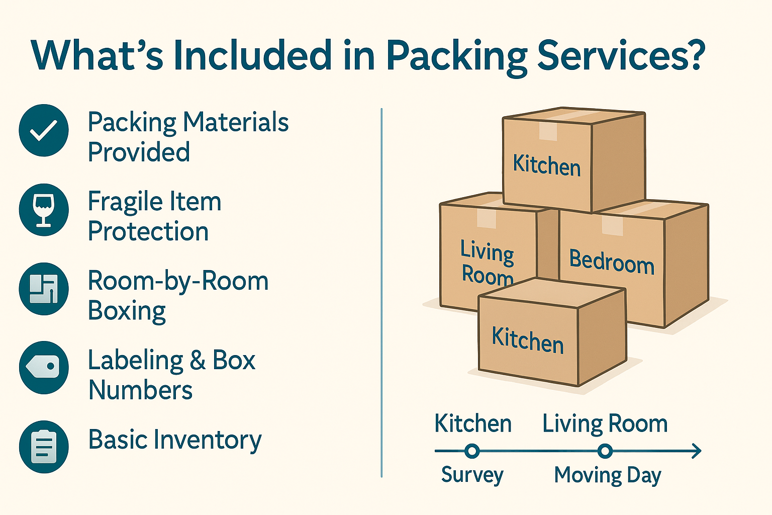 Infographic checklist showing what is included in professional packing services such as materials, boxing, labeling, and inventory.