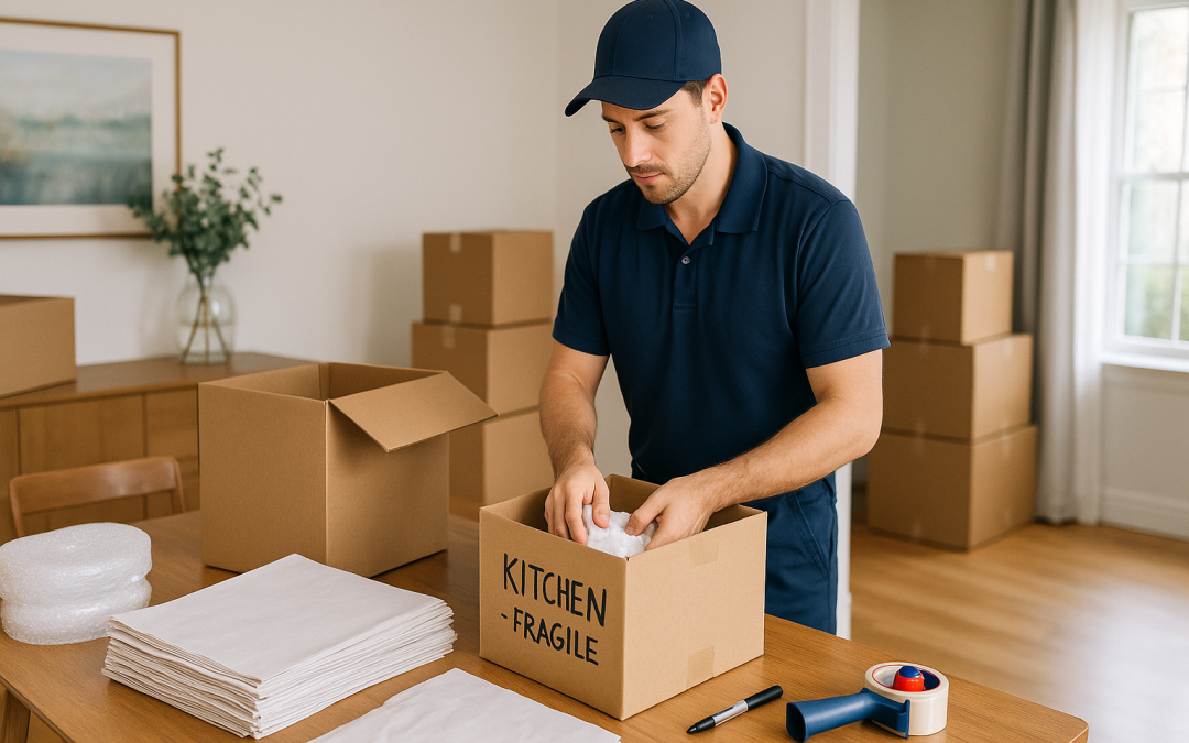 Professional mover organizing packing materials and boxing fragile items in a clean home.